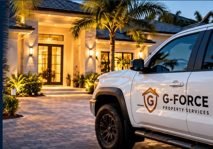 Illustration of a Naples-style home and property service vehicle